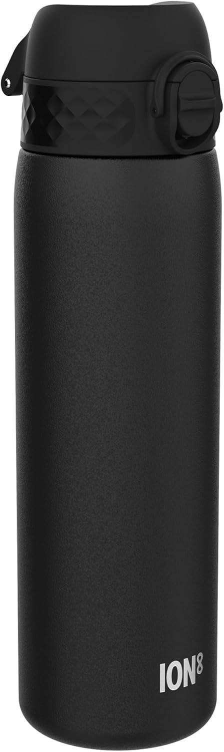ION8 Steel Water Bottle, 600 ml/20 oz, Leak Proof, Easy to Open, Secure Lock, Dishwasher Safe, Hygienic Flip Cover, Fits Cup Holders, Carry Handle, Durable, Scratch Resistant, Carbon Neutral, Black
