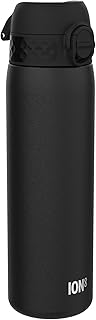 ION8 Steel Water Bottle, 600 ml/20 oz, Leak Proof, Easy to Open, Secure Lock, Dishwasher Safe, Hygienic Flip Cover, Fits Cup Holders, Carry Handle, Durable, Scratch Resistant, Carbon Neutral, Black