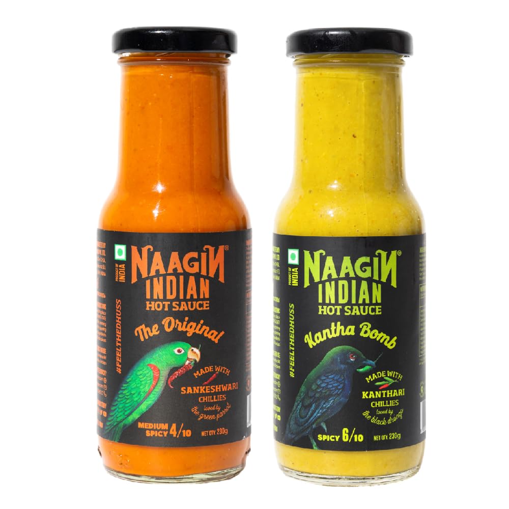 NAAGIN the original hot chilli - medium spicy sauce (230gm) + Kantha hot chilli extra spicy sauce (230gm), (Pack of Two)
