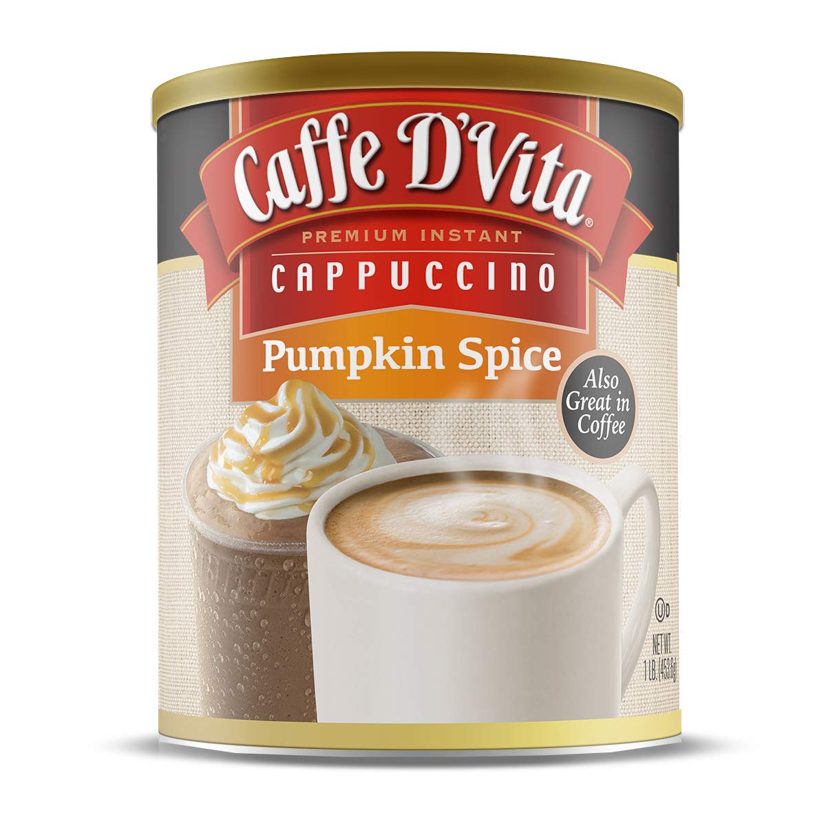 Caffe D'Vita Pumpkin Spice Cappuccino Mix - Gluten Free, No Cholesterol & Trans Fat, 99% Caffeine Free, Instant Coffee - 1 lb. can (16 oz.)