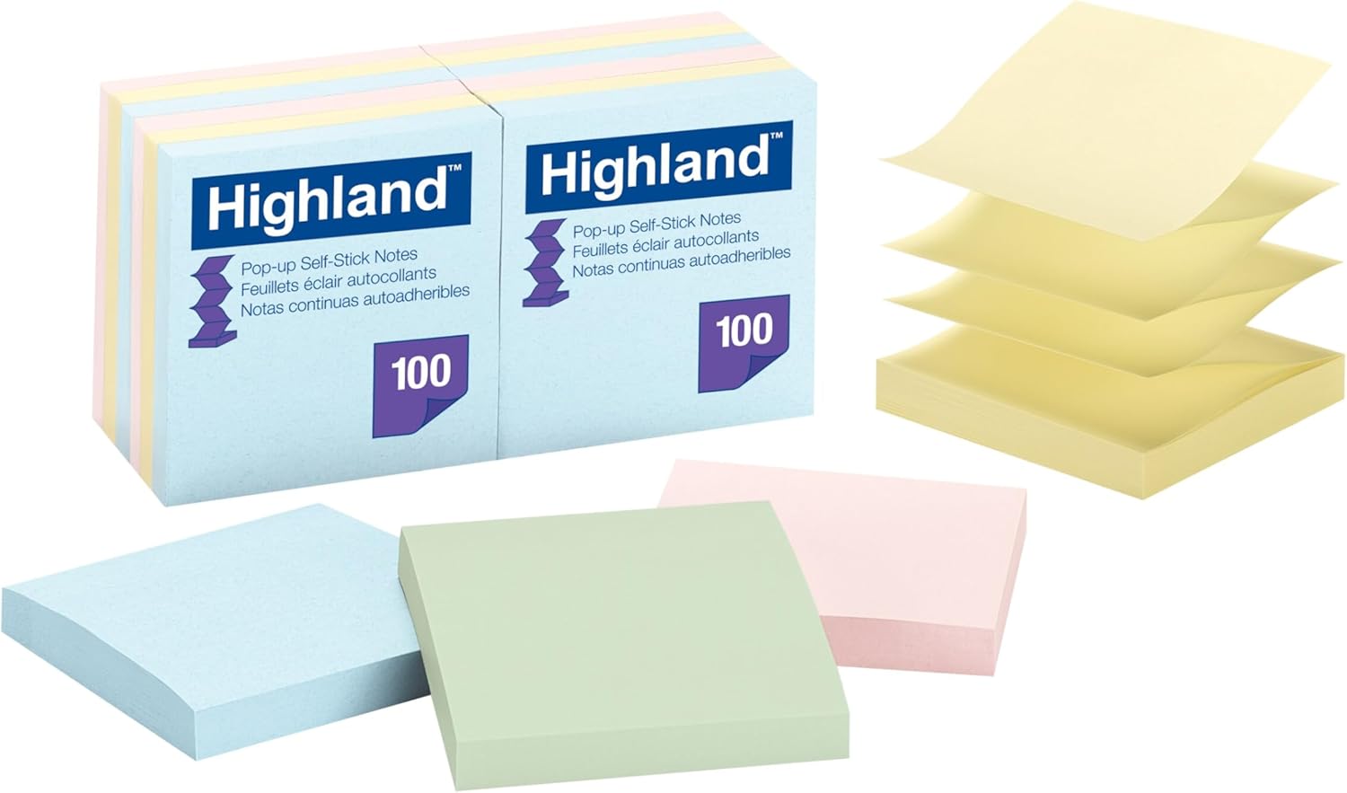 Highland Pop-up Sticky Notes, 3 x 3 Inches, Assorted Pastel Colors, 12 Pack (6549-PUA)