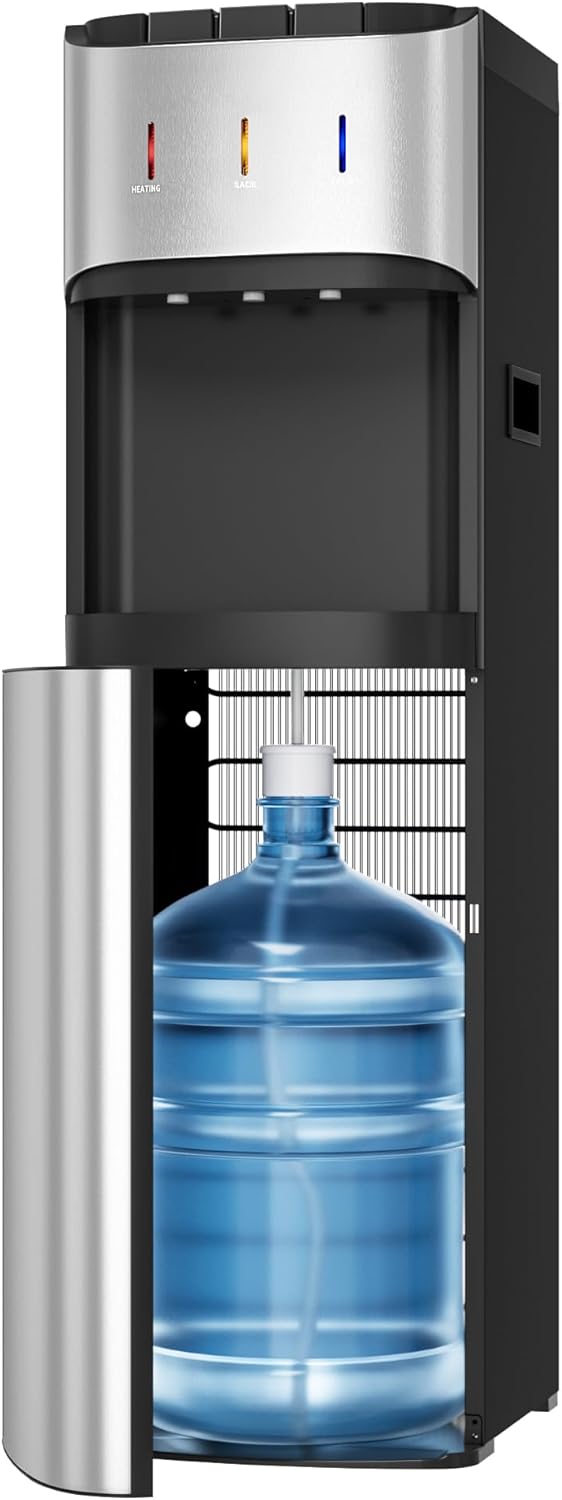 Bottom Loading Water Cooler Dispenser for 3 or 5 Gallon Bottles, Stainless Steel Water Dispenser with Hot, Room & Cold Water, Child Safety Lock, Glittering Silver