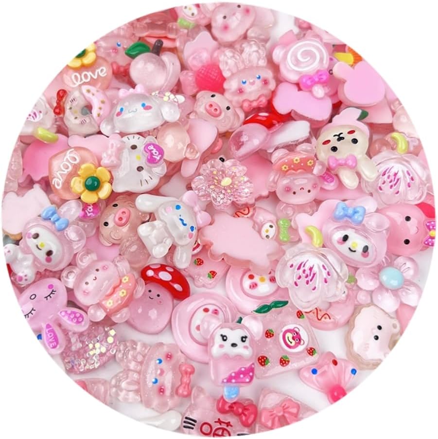 50pcs Slime Charms Cute Set,Pink Transparent Color Bulk Mixed Resin Charms Cute Charm Set Ornament Scrapbooking