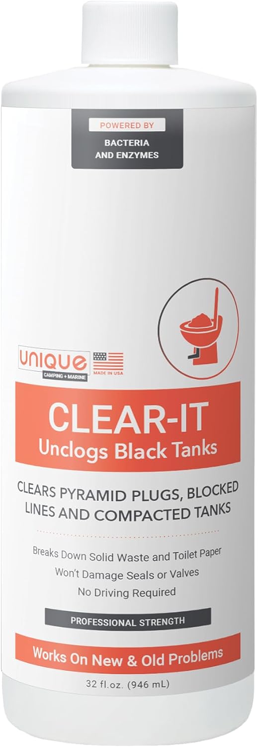 Unique Clear-It RV Black Tank Unclogger Liquid - Breaks Through Pyramid Plugs, Compacted Tanks, and Clogged Pipes (32 oz)