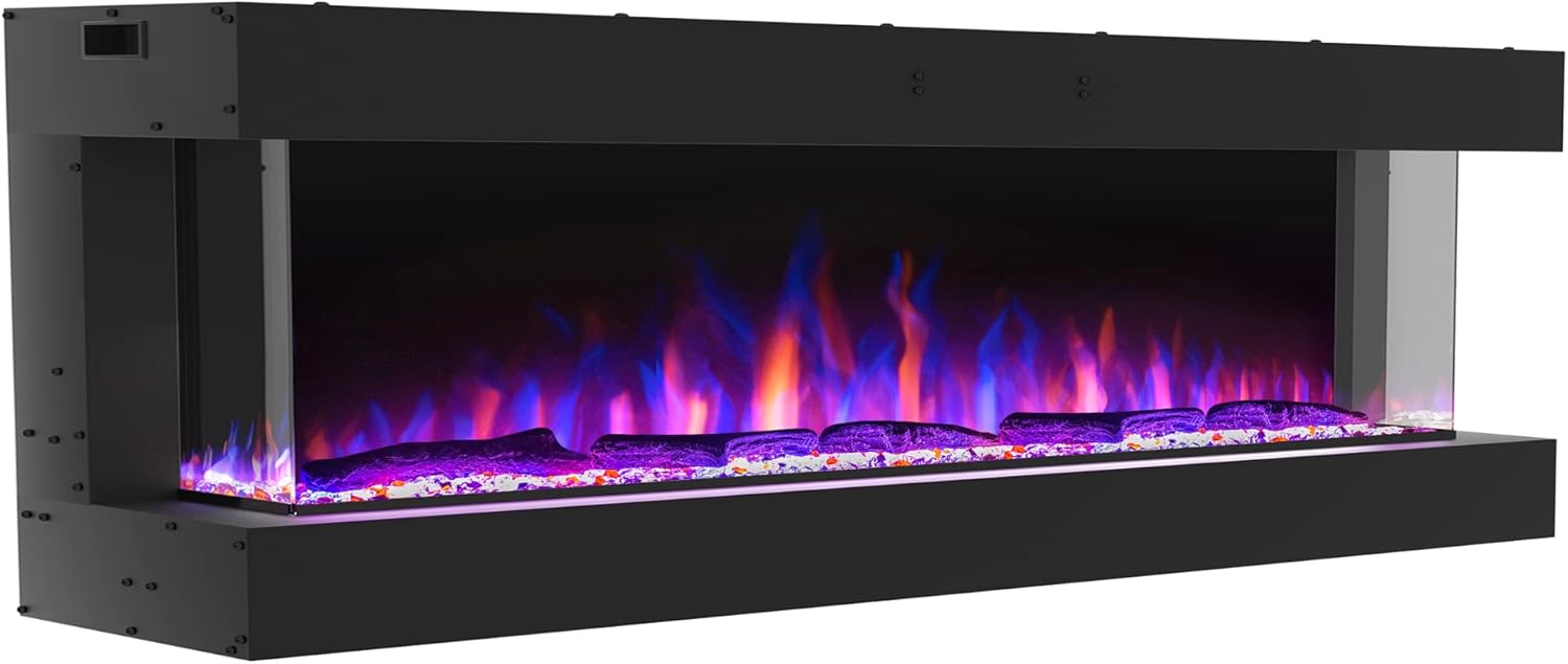 Valuxhome 3-Sided Electric Fireplace, 76 Inch Recessed and Wall Mounted Fireplaces, Built-in Fireplace Decorations for Living Room with Overheating Protection, Remote, Log & Crystals, Black