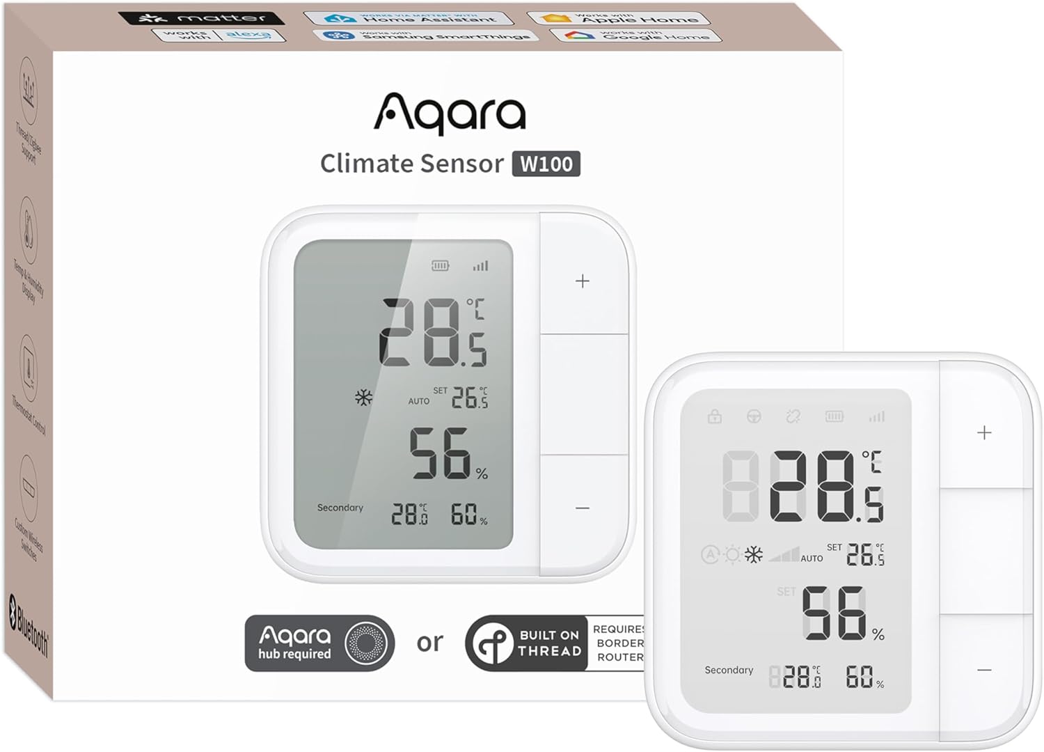Aqara Thread/Zigbee Smart Climate Sensor W100, Temperature & Humidity Monitoring, Wireless, Remote HVAC Control, 3 Customizable Buttons, Matter, Homekit, Works with Apple Home, Alexa, Google & More