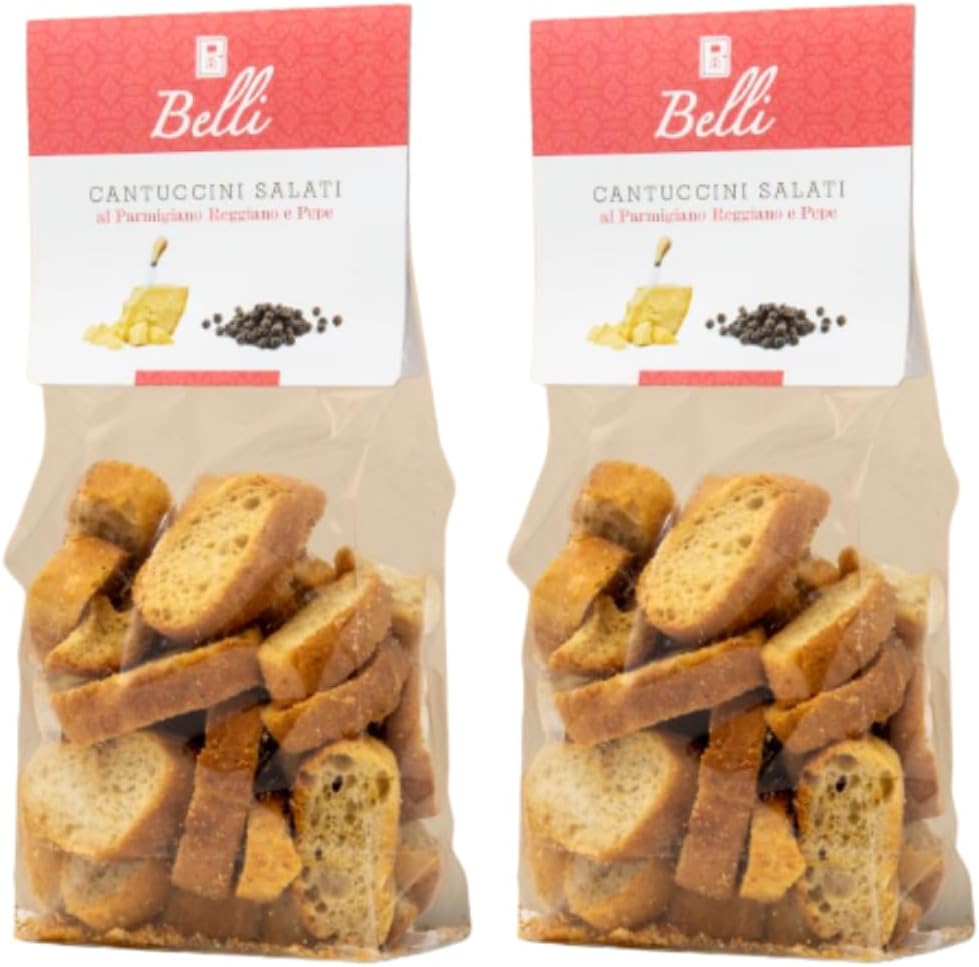 Belli Italian Savoury Cantuccini Biscuits | Gourmet Artisan Snacks from Tuscany | Crunchy Salted Biscotti for Cheese & Appetisers | 150g x 2 Packs (Parmigiano Reggiano & Black Pepper)
