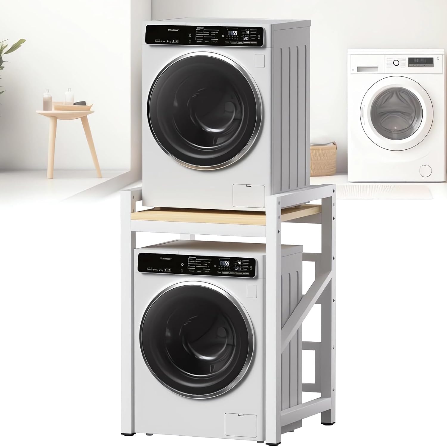 Washer Dryer Stand Stacking Kits, Height Adjustable Tumble Dryer Stand, Stacking Kit with 400KG Load Capacity for Balcony Laundry (White, 63D x 73W x 105H centimetres)