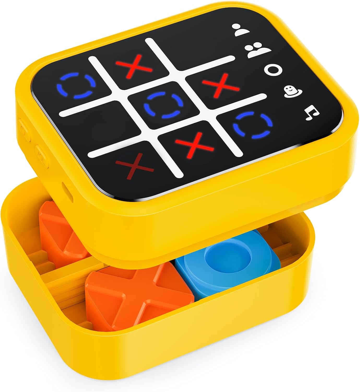 Anoawens Rechargeable Tic Tac Toe Game Box with 5 Fun Brain and Memory Games, Compact Handheld Puzzle Game Console, Portable Travel Game for All Ages 3+ (Yellow)