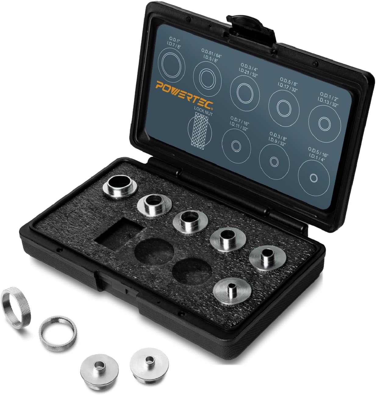 POWERTEC 71051 Router Template Guide Set | 10pc Solid Brass Guides w/Molded Carrying Case