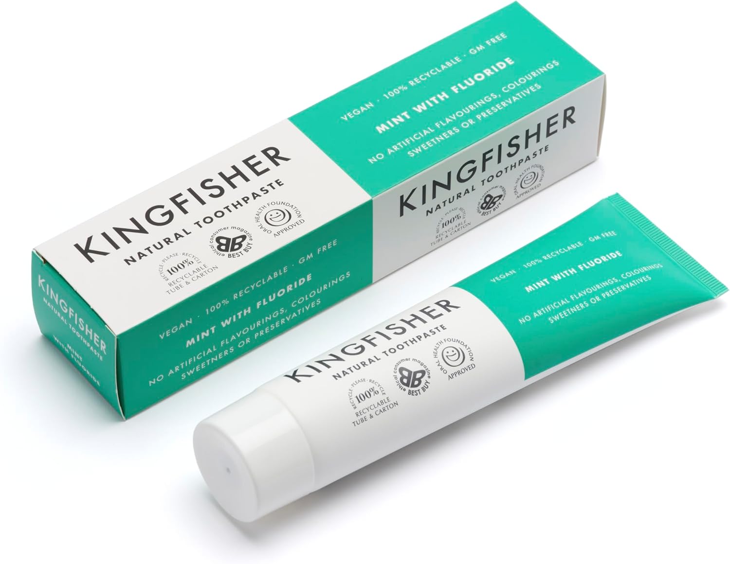 Kingfisher Natural Toothpaste Mint with Fluoride | Suitable for Vegetarians & Vegans | Oral Health Foundation Approved | Gluten-Free & GM-Free | Ethical Consumer Best Buy | 1 x 100ml Tube
