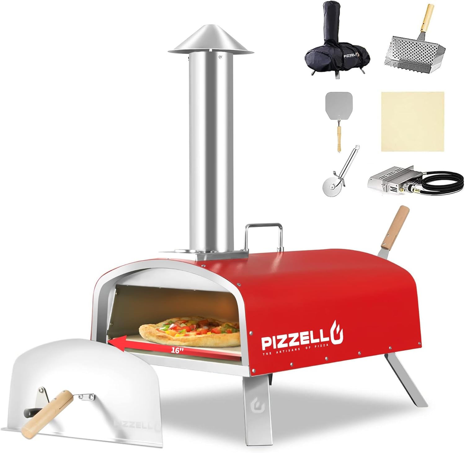 PIZZELLO 16" Outdoor Pizza Oven Propane & Wood Fired Stainless Steel Pizza Grill with Gas Burner, Wood Tray Pizza Stone, Pizza Peel, Carry Bag (Red)