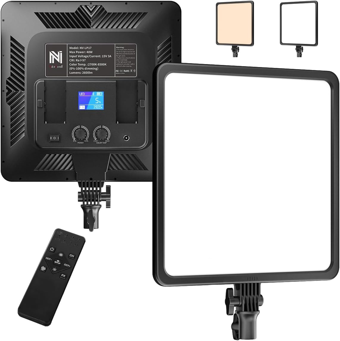 17" Photography Light Panel, NiceVeedi 48W 2700-8500K Bi-Color LED Video Light with Remote Control, Infinite Dimmable CRI 97+ Professional Studio Lighting for YouTube Video Photography Light