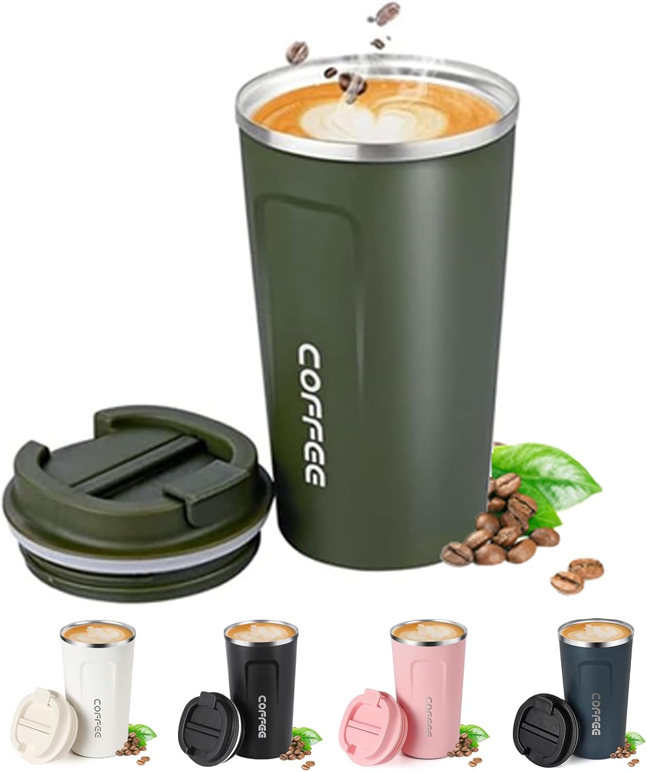 Travel Coffee Mug Spill Proof,Insulated Coffee Mug to Go,Coffee Tumbler,Reusable Coffee Cups with Seal Lid,Thermos Cup for Keep Hot/Ice Coffee,Tea and Beer (Green/510ml)