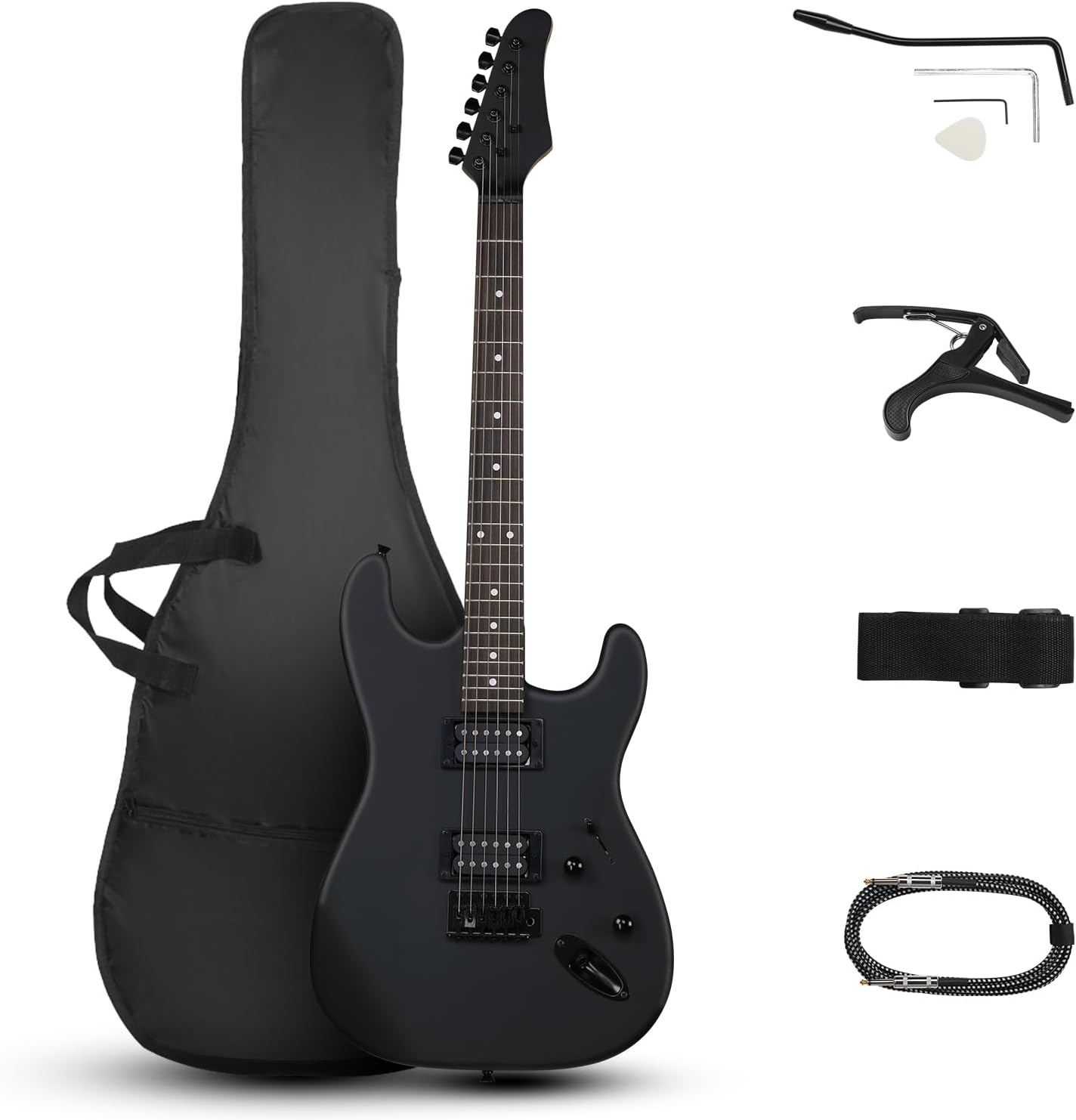 LALAHO Full Size Electric Guitar, 39" H-H Pickups Beginner Electric Guitars Kit with Shoulder Strap, Bag, Cable and Tremolo Arm (Matte Black)