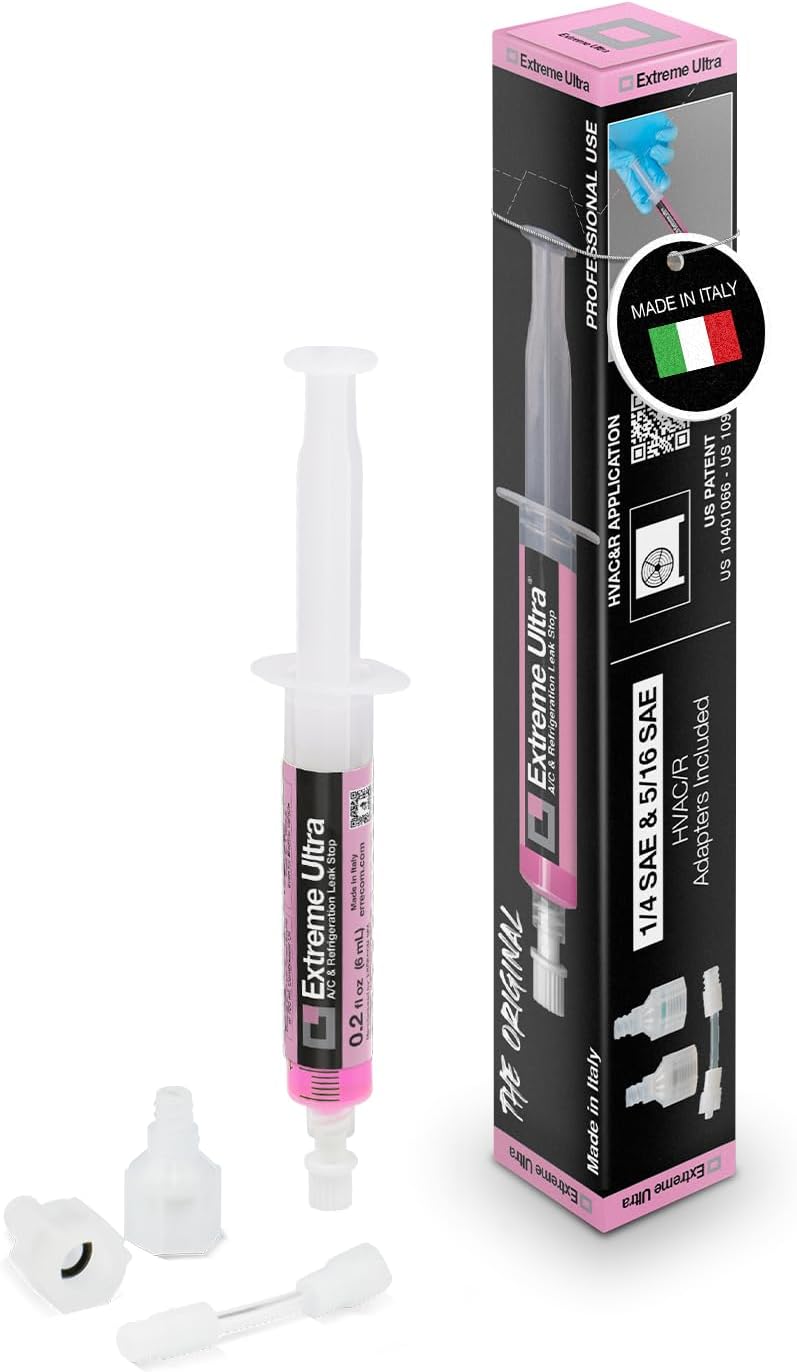 ERRECOM Extreme Ultra | A/C Leak Stop for HVAC/R Systems Up to 6 Tons (21 kW) | Works with All Refrigerants and Lubricants | Includes 1/4 SAE and 5/16 SAE Adapters | 0.2 fl oz (6 mL) Cartridge
