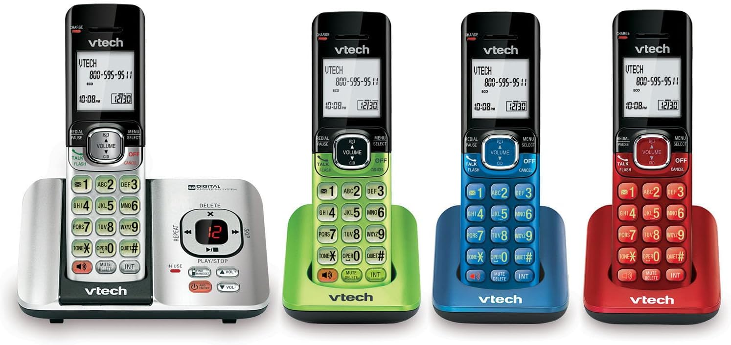 VTech CS6529-4B 4-Handset DECT 6.0 Cordless Phone with Answering System and Caller ID, Expandable up to 5 Handsets, Wall-Mountable, Blue/Green/Red/Silver