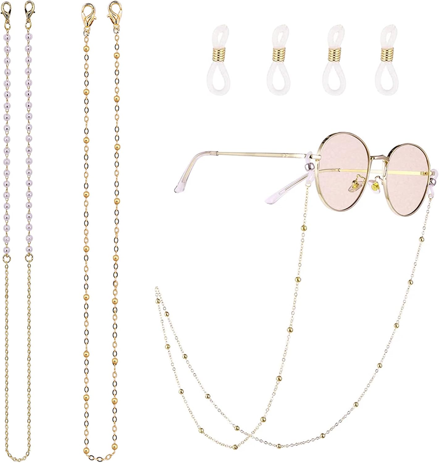 2 PCS Glasses Chains Sunglasses Chain Gold Glasses Chain Beaded Eyeglass Chains Spectacle Chain Reading Glasses Bead Glasses Strap Chains Eyewear Chain for Glasses Women with Anti-Skid Ear Hooks