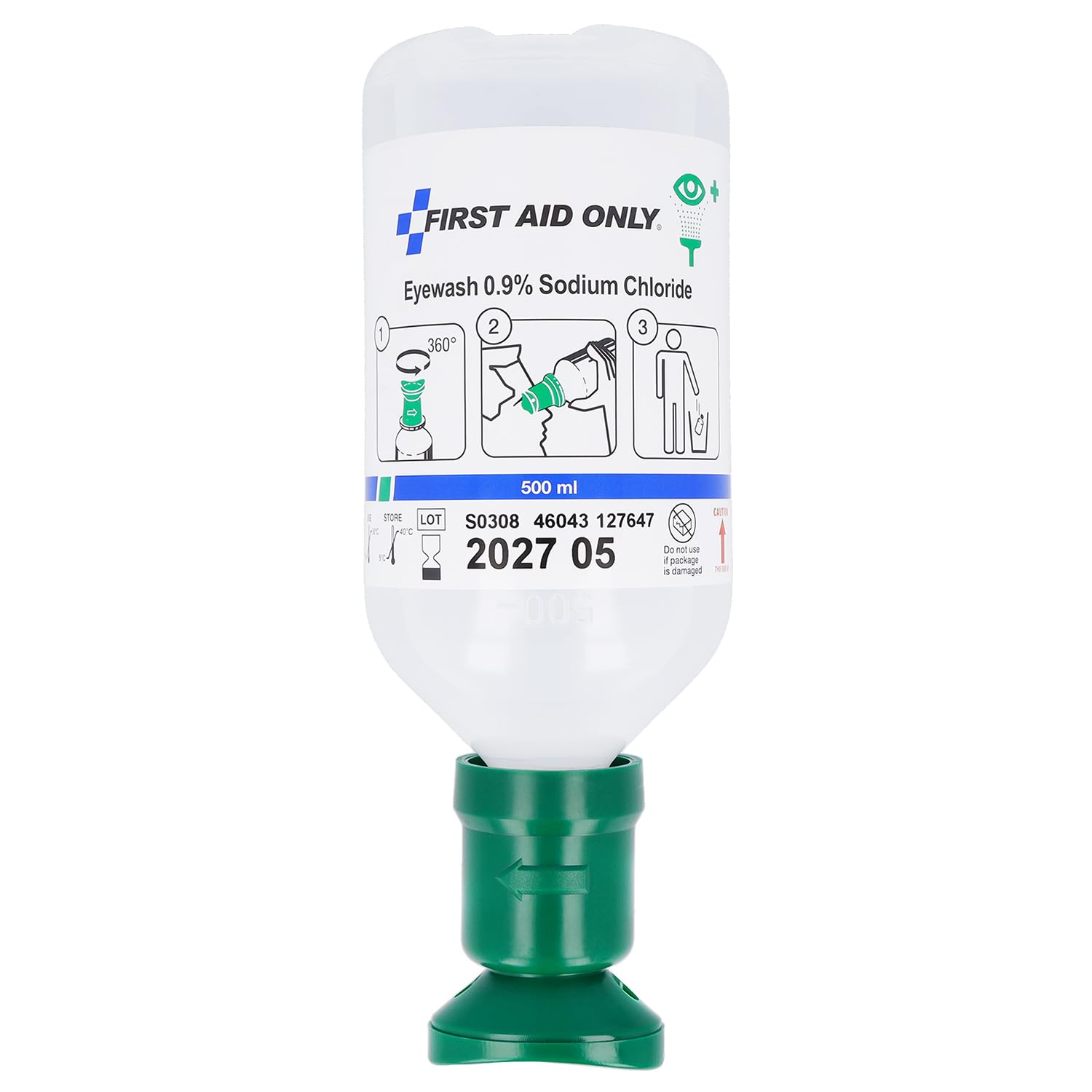 First Aid Only Eye wash Bottle 500ml Sodium Chloride Solution (0.9%) | First aid Eye wash with Saline Solution | Effective Eye Cleaning in case of Injuries or Contamination | P-44011 00