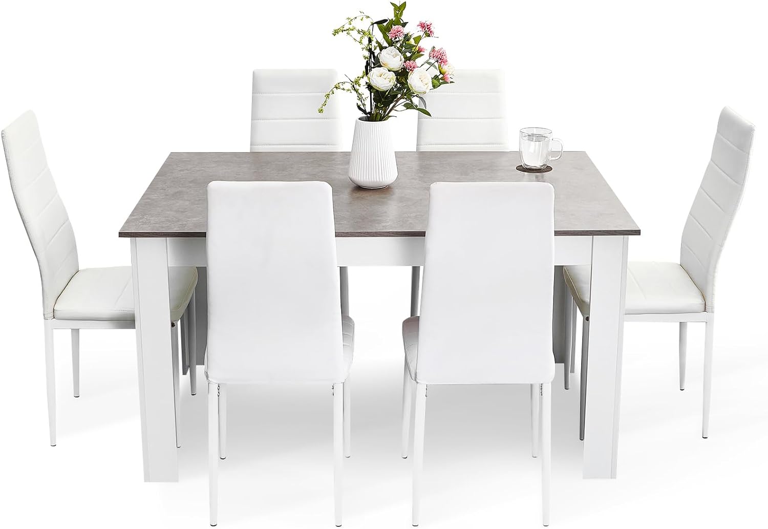 Mondeer Dining Table and Chairs Set 6, Dining Room Sets High Back Faux Leather Chair, for Kitchen Home Office, 138 x 90 x 75 cm, Grey Table White Chairs