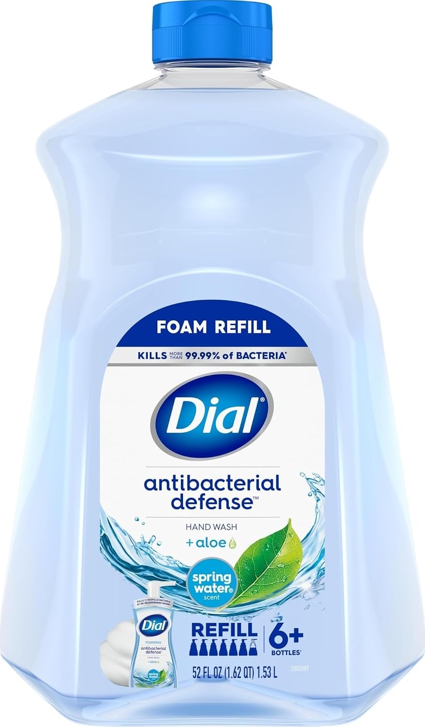 Dial Antibacterial Defense Foaming Hand Soap Refill, Spring Water, 52 Fl Oz | With aloe vera, dermatologist-tested, gentle on skin, free from parabens and SLS and SLES, moisturizing formula