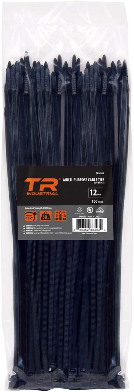 TR Industrial Multi-Purpose UV Resistant Black Cable Ties, 12 inches, 500 Pack