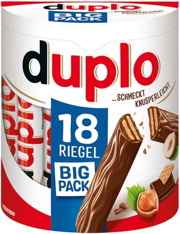 Ferrero Duplo chocolate bar waffle with creamy cocoa filling and hazelnuts (18 x 18.2 g), 1 pack of 18 individual bars