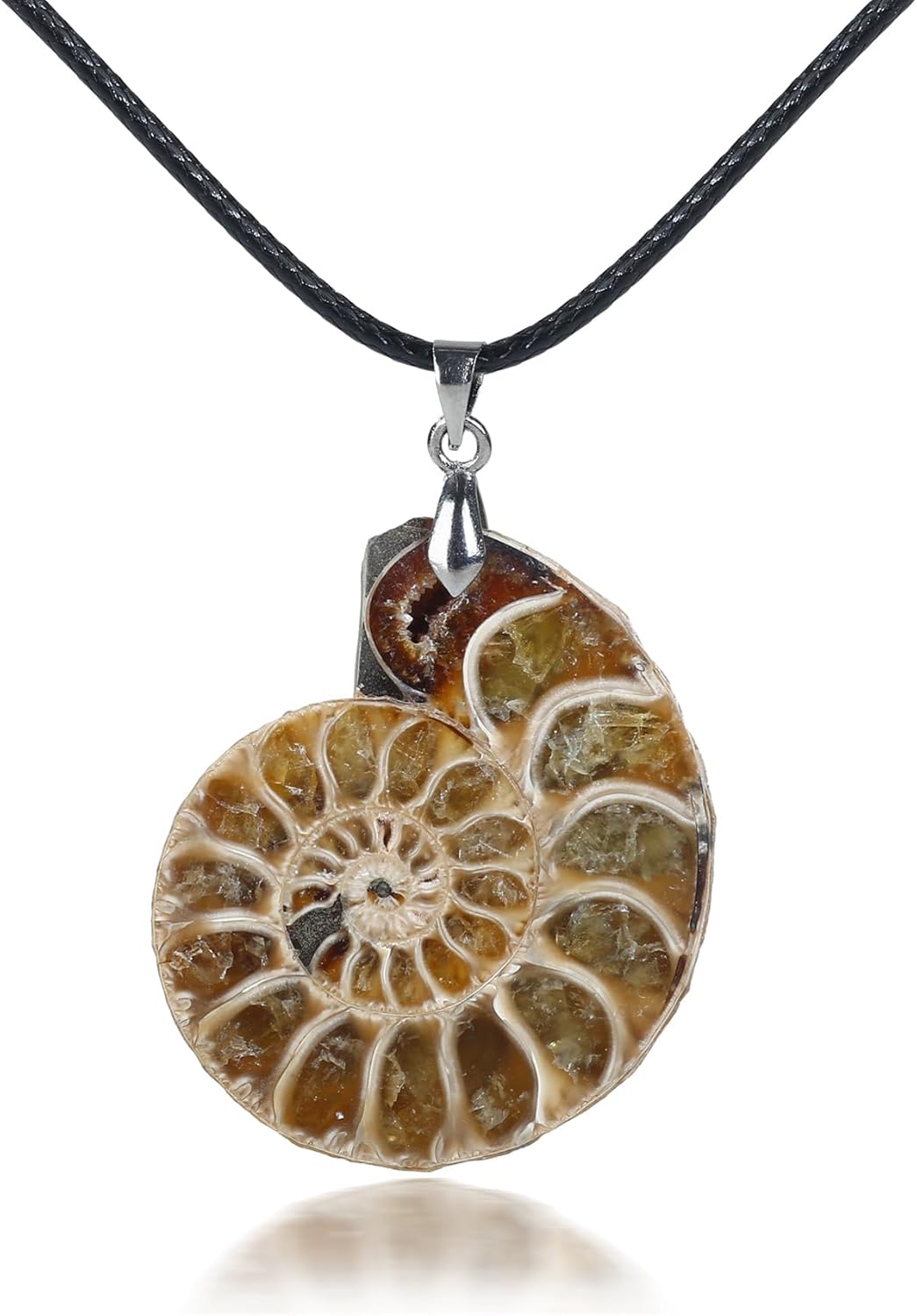 MAIGO Ammonite Spiral Stone Pendant with Adjustable Cord, Natural Conch Necklace, Snail Slice Pendant, Women's Fossil Jewellery Gift