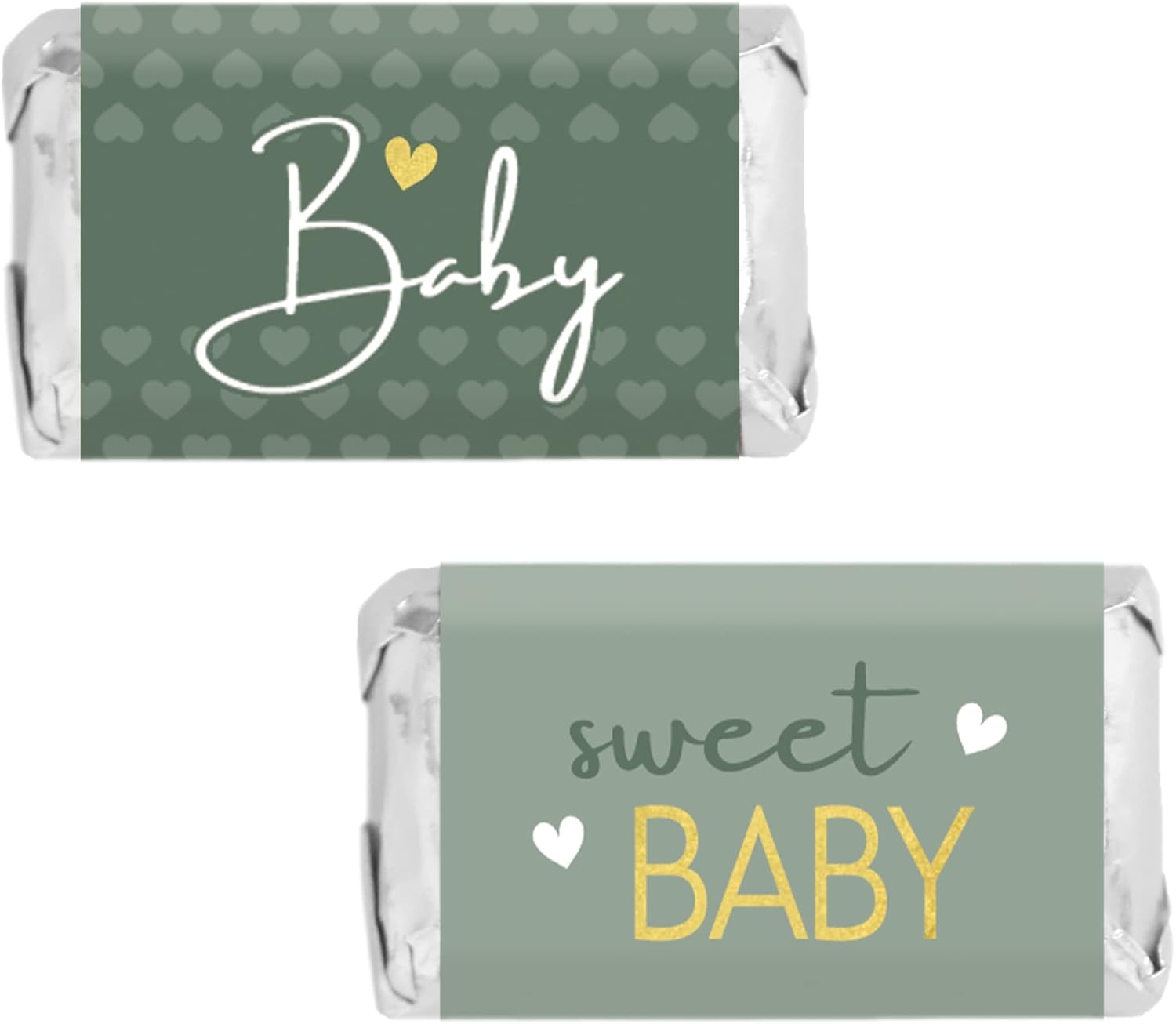 Green and Gold Baby Shower Labels, Mini Chocolate Candy Bar Wrappers, Sweet Baby Greenery Party Favor Stickers - 45 Count