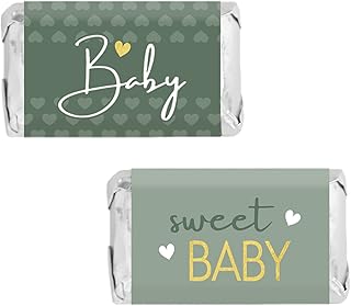 Green and Gold Baby Shower Labels, Mini Chocolate Candy Bar Wrappers, Sweet Baby Greenery Party Favor Stickers - 45 Count