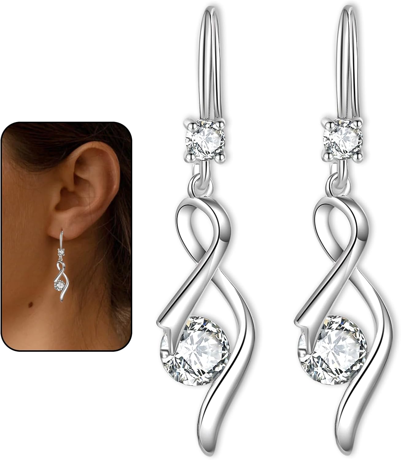 KENIY Silver Earrings for Women,Silver Drop Earrings with Cubic Zirconia Hypoallergenic Linear Infinity Love Silver Dangle Earrings for Sensitive Ears Jewellery Gift for Birthday Anniversary Christmas