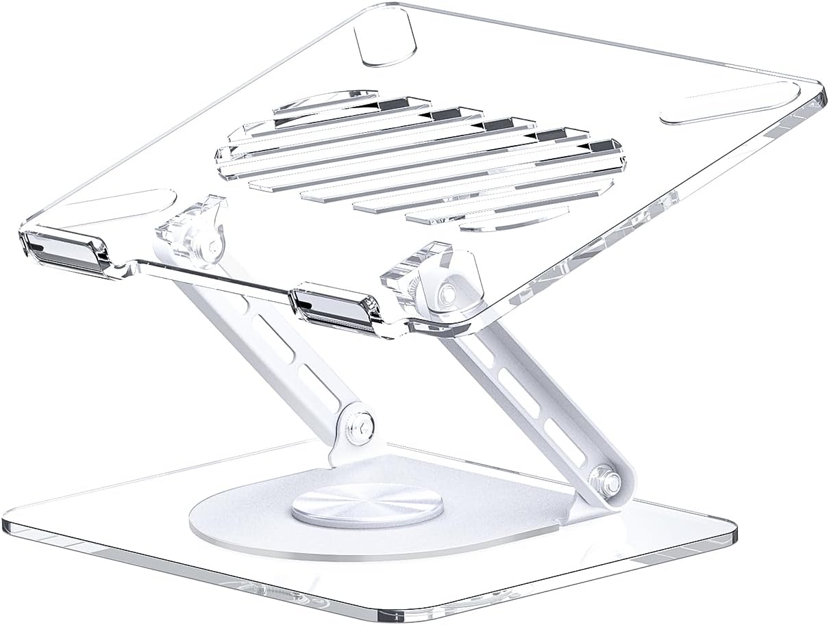 Acrylic Laptop Stand for Desk with 360 Rotating Base Ergonimic Foldable Clear Laptop Riser Compatible with MacBook Pro/Air Notebook up to 16 Inches, Acrylic Transparent