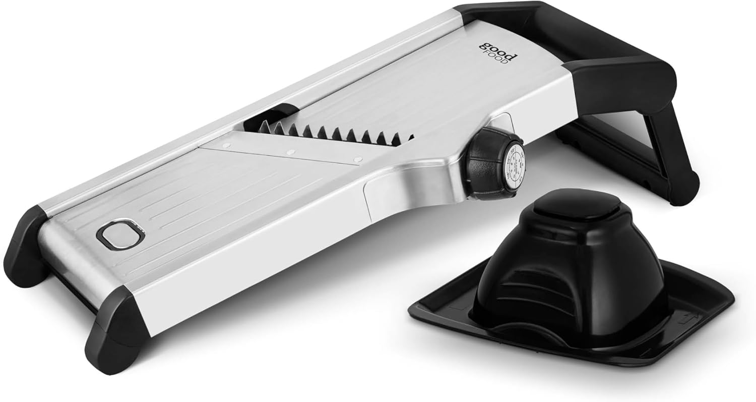 Good Food in Partnership with Tower GF847073 Chef’s Mandolin Slicer with Durable Precision Stainless Steel Blades, Adjustable Settings and Silicone Non-Slip Base, Stainless Steel and Black