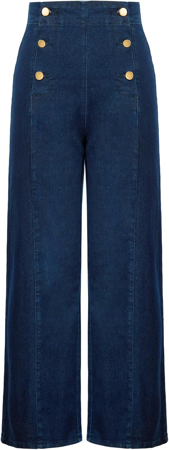 Belle Poque Women's High Waisted Wide Leg Jeans Button Decorated Casual Stretchy Demin Pants with Pockets