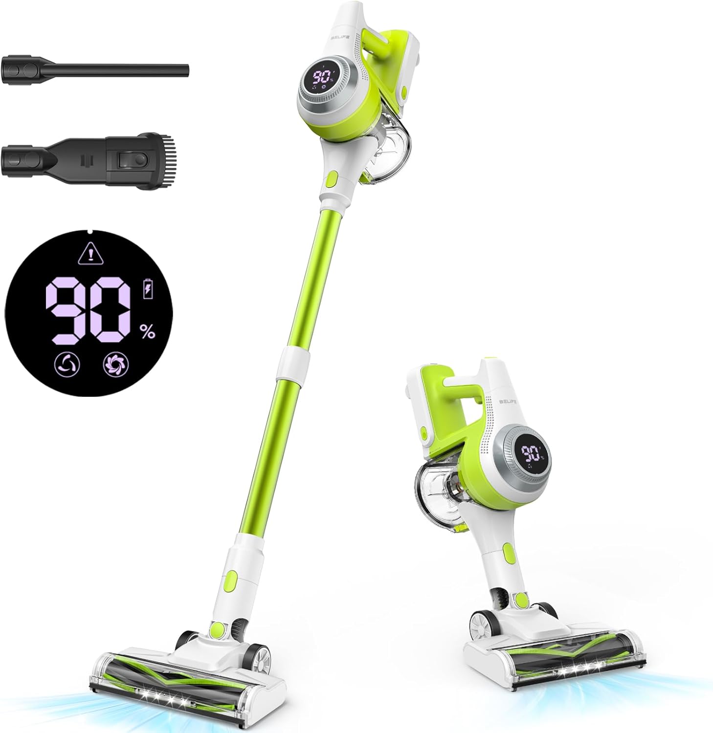 Belife Cordless Vacuum Cleaner, 28Kpa Lightweight Stick Vacuum with Self Standing, Powerful Vacuum with LED Display & Anti-Tangle, Portable Wireless Vacuum for Carpet, Hard Floor, Pet Hair (Green)