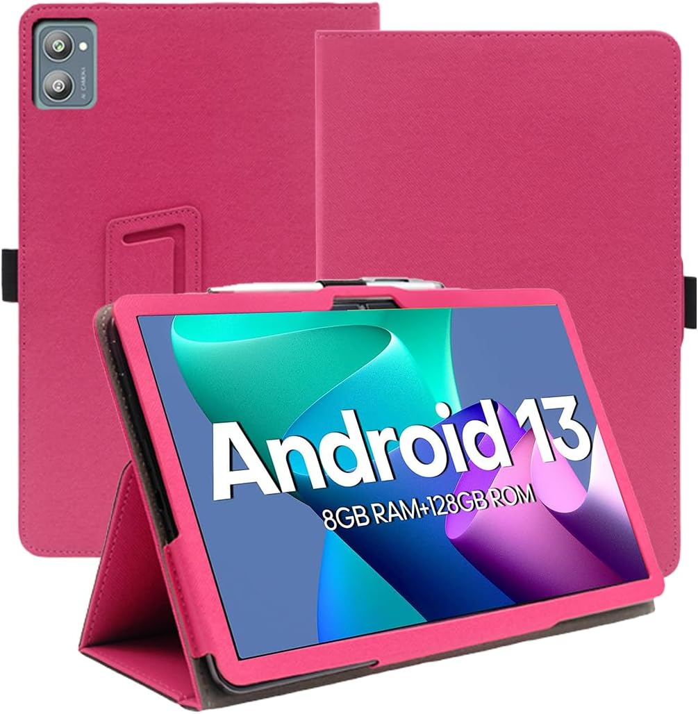Case for WDYQJE A55/xiskt A5502/AISLPC A55 Android 13 Tablets 10 Inch,Premium Leather Business Folio Stand Cover with Hand Strap for Tablet,Rose Red.