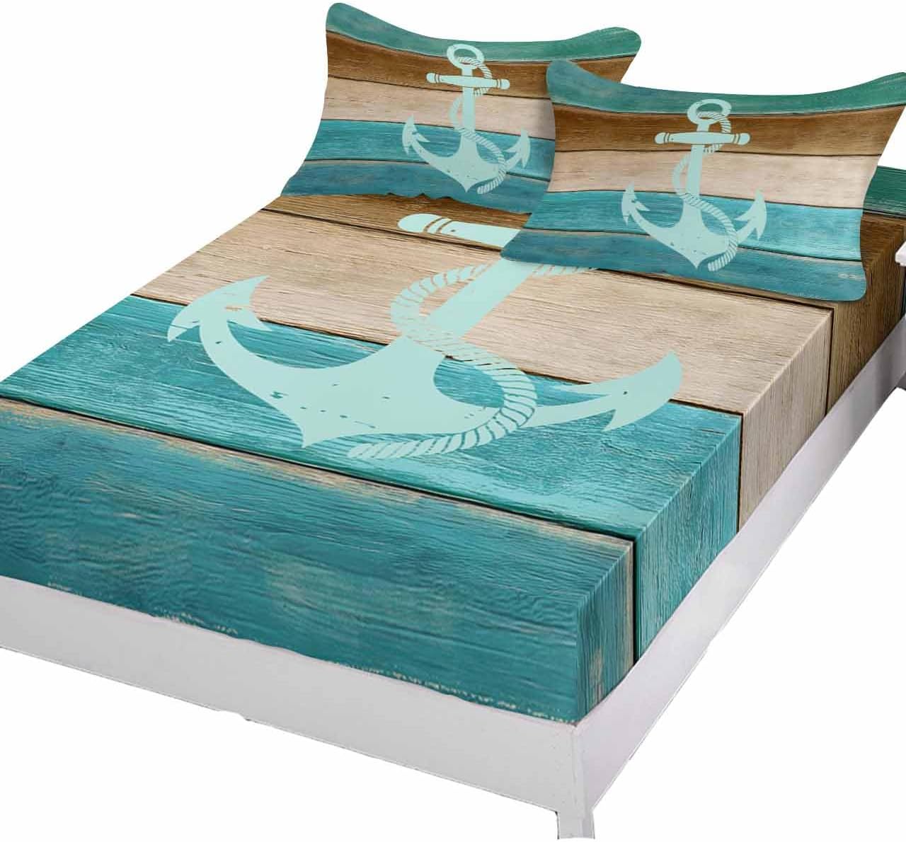 Fitted Sheets Elastic Deep Pocket Bed Sheet Cal King, Nautical Anchor on Wood Board Soft Bed Sheets Set,Farm Teal Brown Wood Mattress Cover Up Hotel Luxury Fitted Sheet Pillowcase for Bedroom