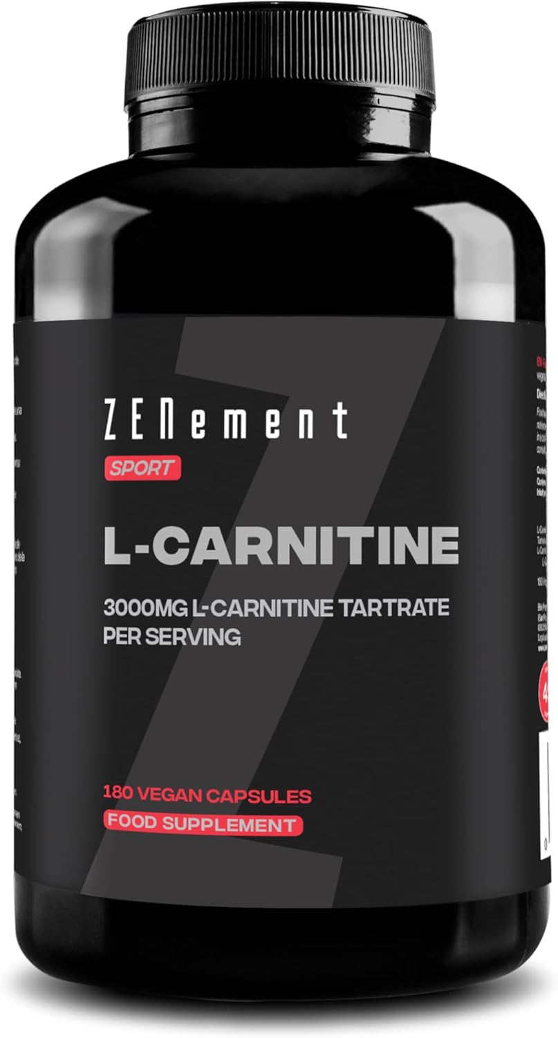 L-Carnitine 3000 mg – 180 High-Dosage Capsules – for an Active Lifestyle – Vegan Capsules, Free from Gluten, Lactose & Soy – Sports Supplement – Zenement
