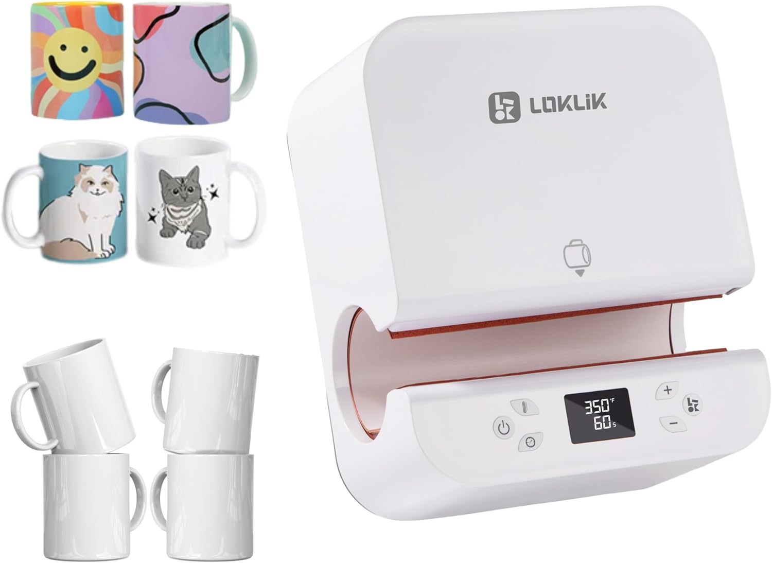 LOKLIK Impress Auto Tumbler Heat Press - Mug Heat Press Machine with 4 Pack Mugs Set & A4 Sublimation Paper, 20 Sheets, 120 GSM - Printmaking Kit, Vinyl Transfer Printing, Auto Shut-Off Craft Printer