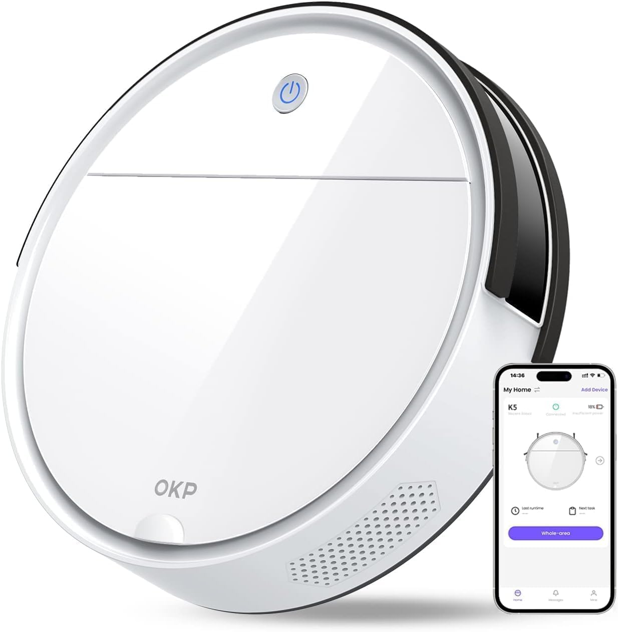 OKP K5 Robot Vacuum Cleaner, 2500Pa Suction, 120 Min Runtime, Intelligent Obstacle Avoidance, Automatic Charging, Thin Design, Quiet, WiFi/Alexa/App, Robotic Vacuums for Pet Hair, Hard Floors, Carpet