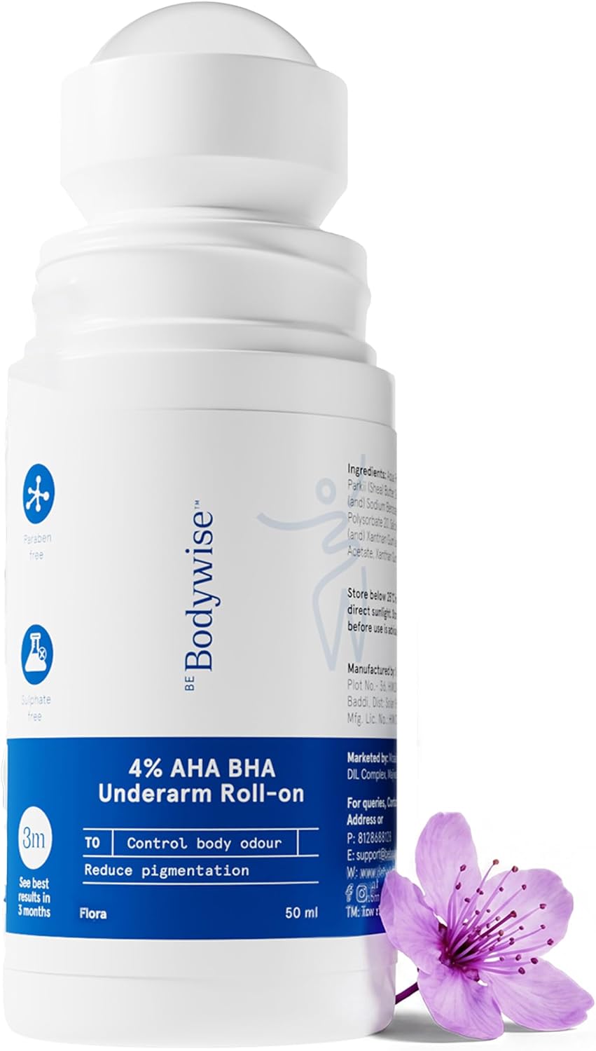 Be Bodywise 4% Aha Bha Underarm Roll On 50ml | 2% Lactic Acid, 1% Mandelic Acid, 1% Salicylic Acid | Controls Odour & Reduces Pigmentation | 0% Alcohol & 0% Aluminium | Flora Fragrance