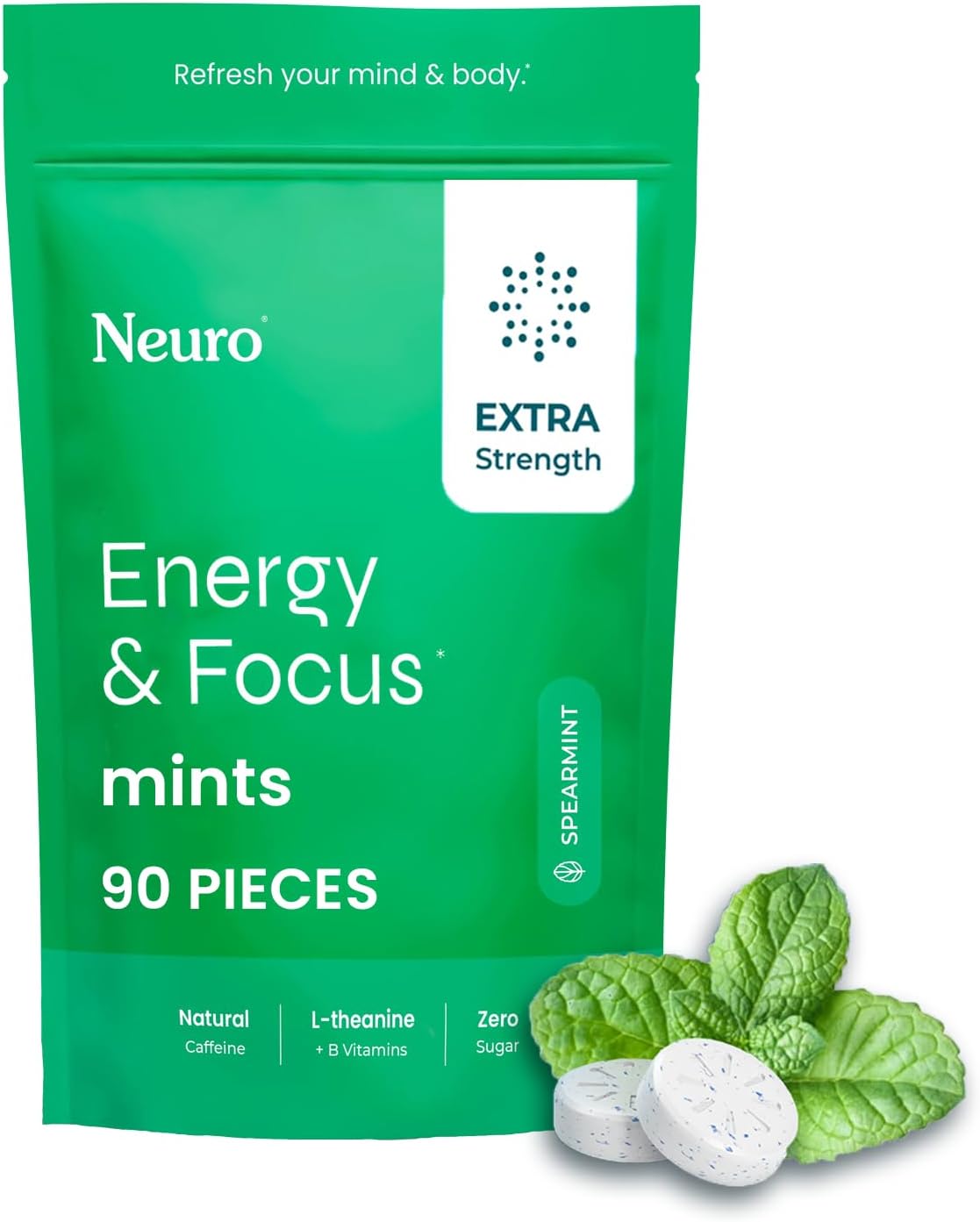 NeuroGum Extra Strength Energy & Focus Mints (Spearmint, 90 Pieces) | 100mg Natural Caffeine + L-Theanine + Vitamin B12 & B6 | Sugar Free Nootropic Cognitive Brain Performance Supplement