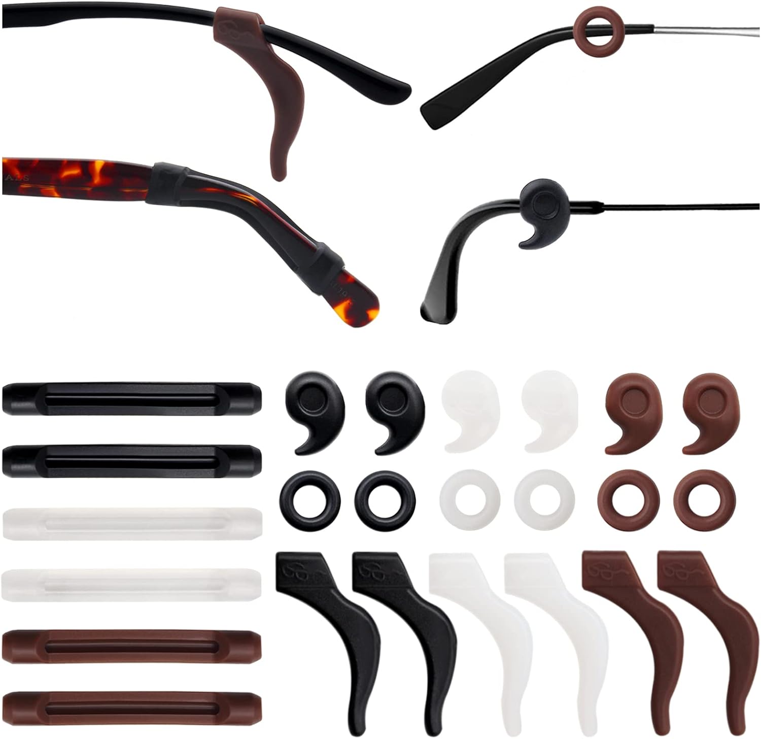 Benvo 12 Pairs Eyeglasses Retainers Silicone Glasses Temple Holders Anti-slip Protectors Comfort Eyewear Spectacle Stay Put Glasses Stoppers for Sport, Study(4 Variety Designs in Black, Clear, Brown)