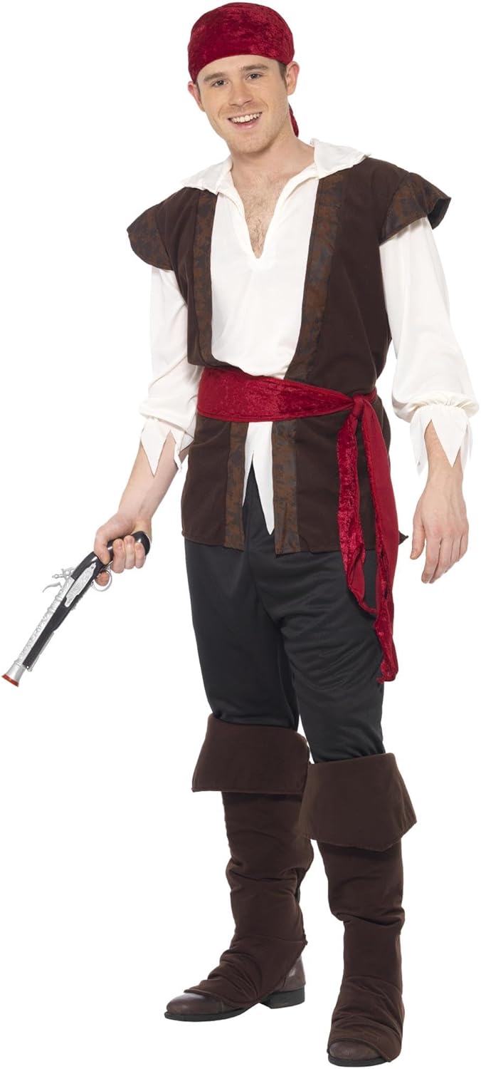 Smiffys Pirate Costume - Brown Headscarf, Top, Trousers, Belt & Bootcovers, Fancy Dress