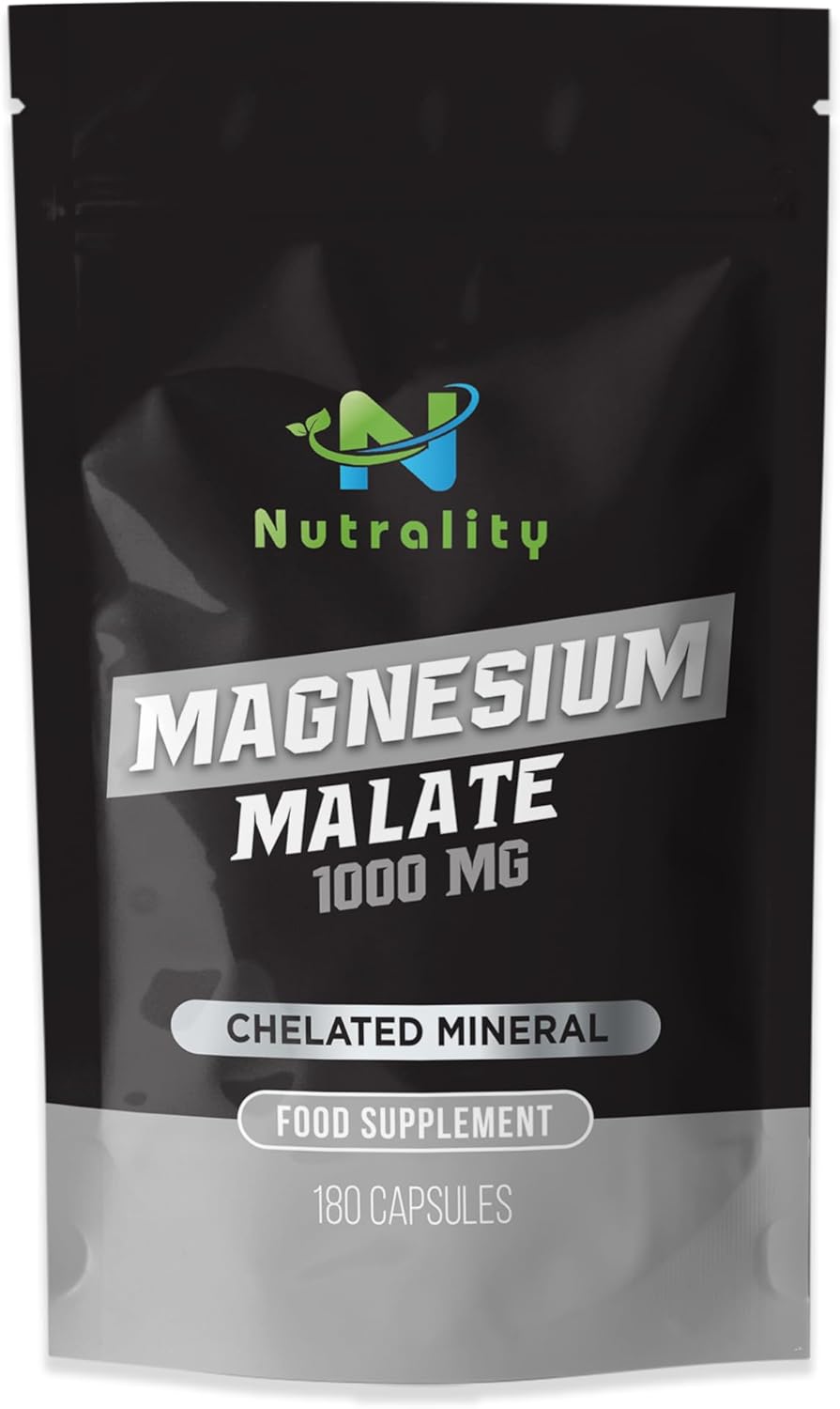 Nutrality Magnesium Malate Supplement 1000mg | Ultra Magnesium Vitabiotics for Heart, Energy & Muscle Relaxation | Chelated Formula | Supports Digestion & Cardio Health | Vegan | 180 Capsules