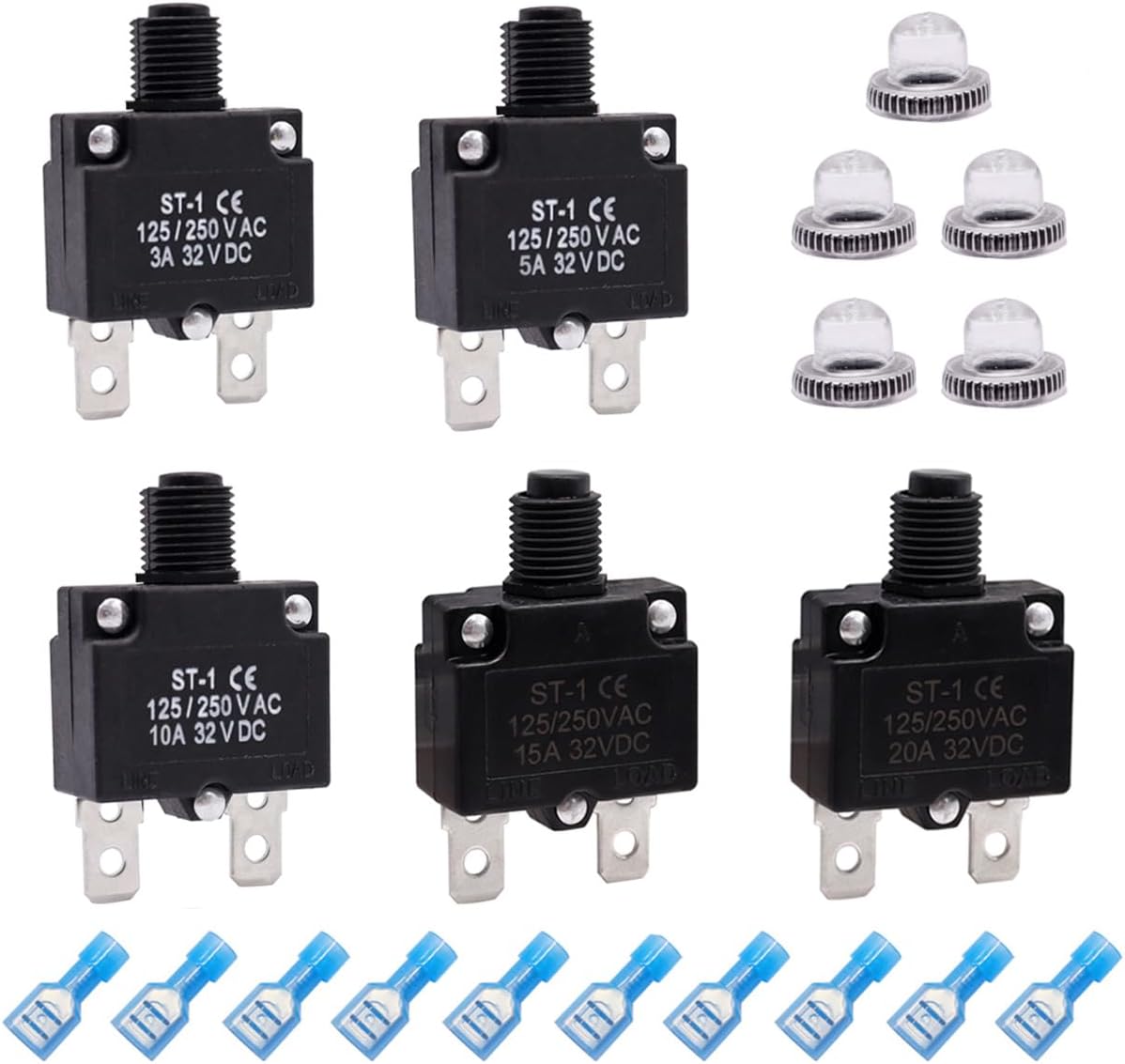 mxuteuk 5Pcs 3,5,10,15,20Amp Circuit Breakers Push Button Manual Reset 125/250V AC 32V DC,Overload Protector Switch Thermal Circuit Breakers with Quick Connect Terminals and Waterproof Button Caps