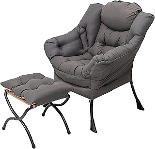 Welnow Lazy Chair with Ottoman, Modern Lounge Accent Chair with Armrests and a Side Pocket, Leisure Upholstered Sofa Chair Reading Chair with Footrest for Small Space, Corner Chair, Dark Grey