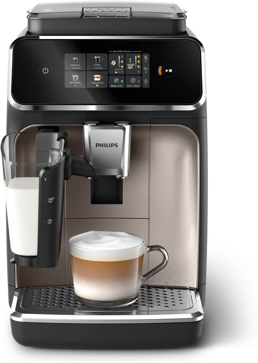 Philips 2300 Series Fully Automatic Espresso Machine - 4 Beverages, Modern colour touch screen display, LatteGo milk system, SilentBrew, 100% Ceramic Grinder, AquaClean Filter. Matte Black(EP2336/40)