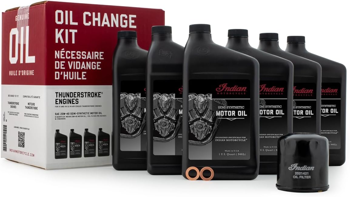 Indian Motorcycle Oil Change Kit for Chieftain, Roadmaster, Chief, Springfield Models With Thunderstroke 111 & 116 Engines, 6 Quarts 20W-40 Semi-Synthetic Motor Oil, 1 Oil Filter, 2 Washers - 2889311