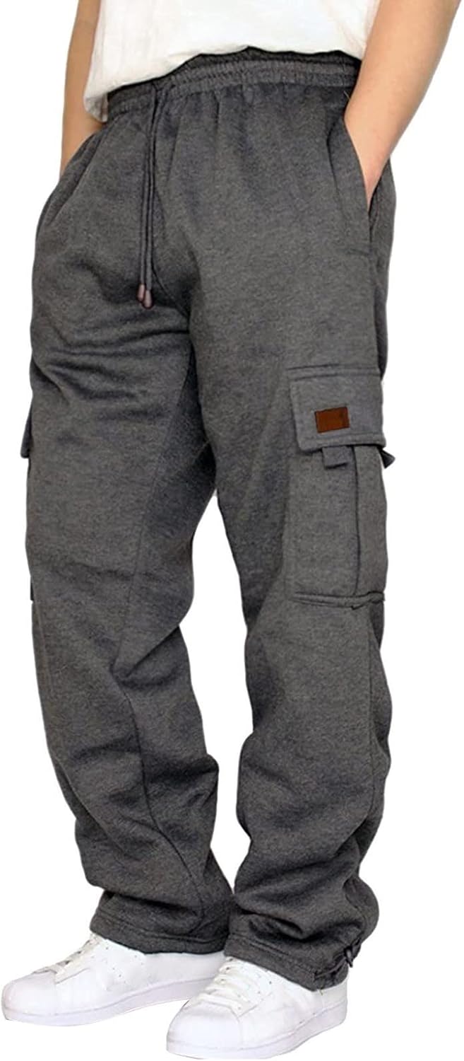 Men's Heavyweight Fleece Cargo Sweatpants Baggy Elastic Waist Drawstring Sweatpants with Pockets Joggers Trousers